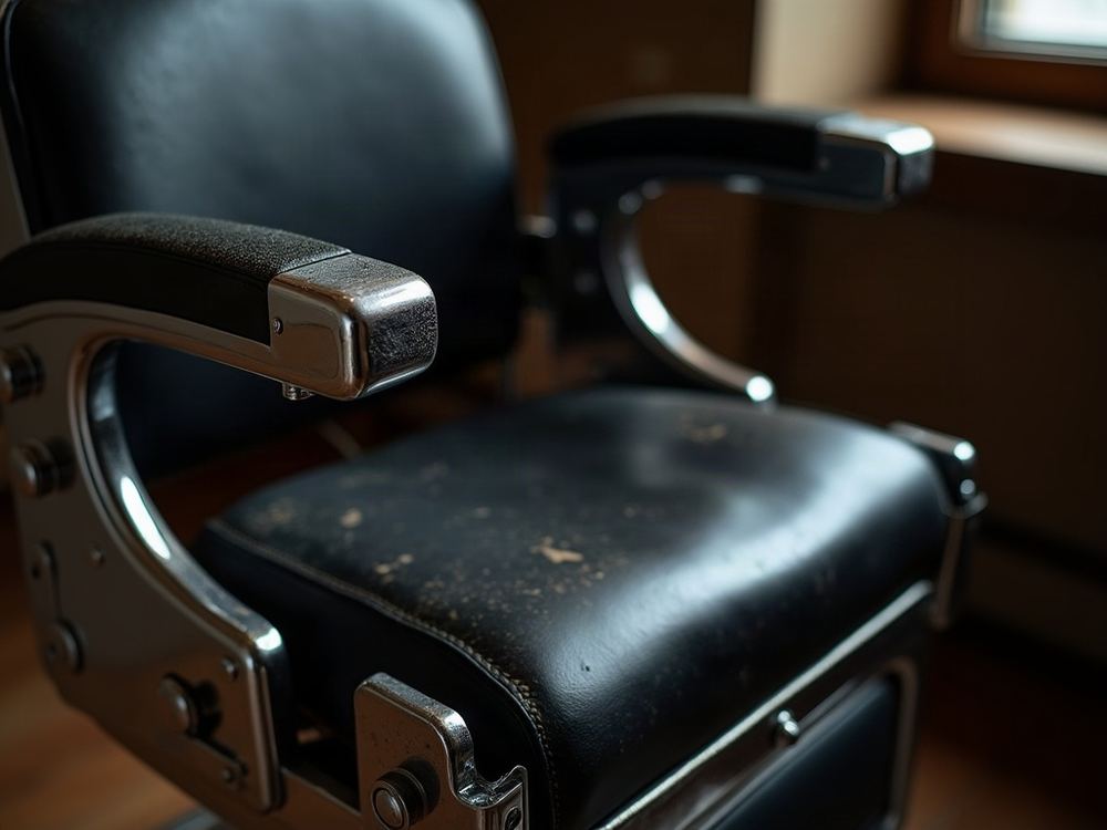 Close detail of the leather and chrome of a barber chair
