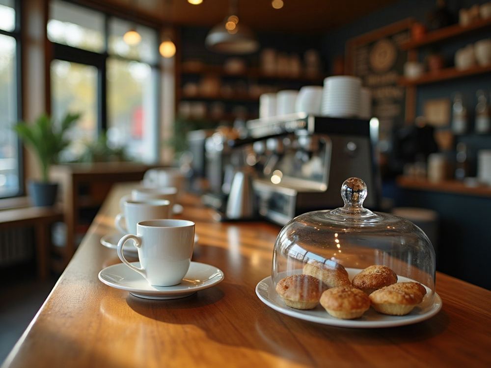 A coffee shop counter with an espresso machine and pastries under a glass dome